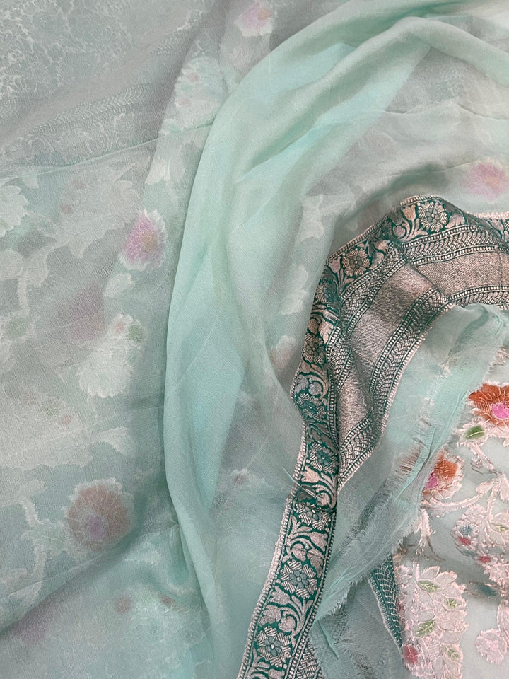 Pastel Blue Rangkaat Banarasi Khaddi Georgette Saree - Aura Benaras
