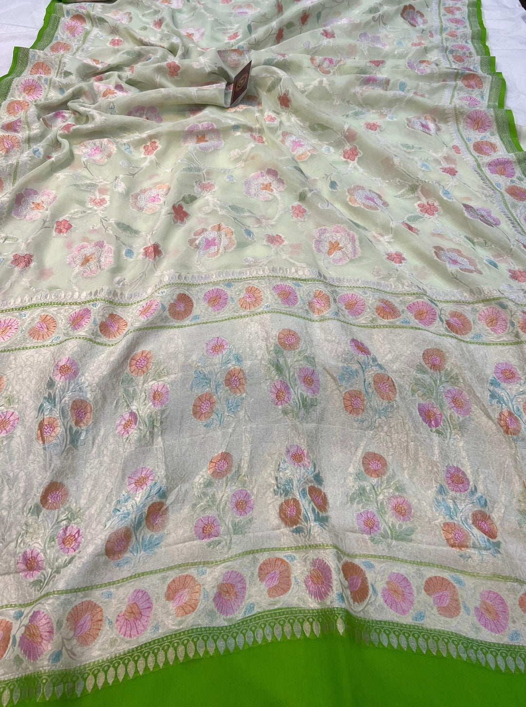 Pale Green Rangkaat Banarasi Khaddi Georgette Saree - Aura Benaras