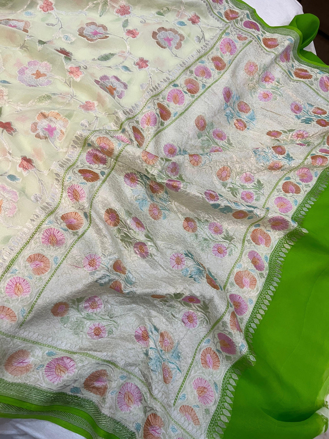 Pale Green Rangkaat Banarasi Khaddi Georgette Saree - Aura Benaras