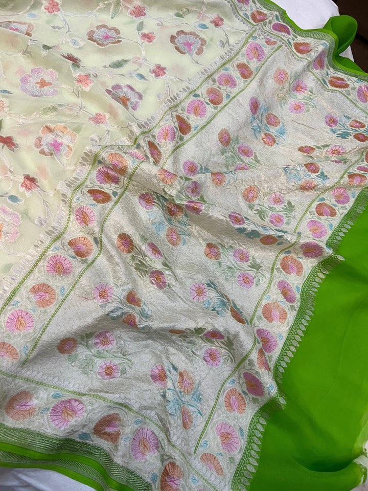 Pale Green Rangkaat Banarasi Khaddi Georgette Saree - Aura Benaras