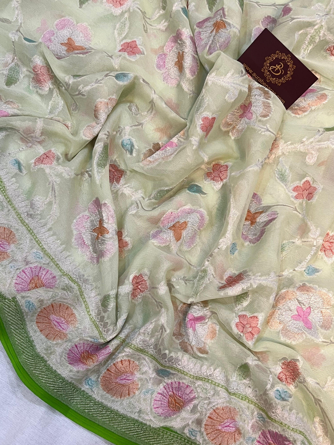 Pale Green Rangkaat Banarasi Khaddi Georgette Saree - Aura Benaras