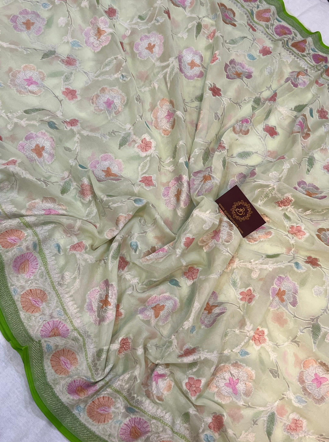 Pale Green Rangkaat Banarasi Khaddi Georgette Saree - Aura Benaras