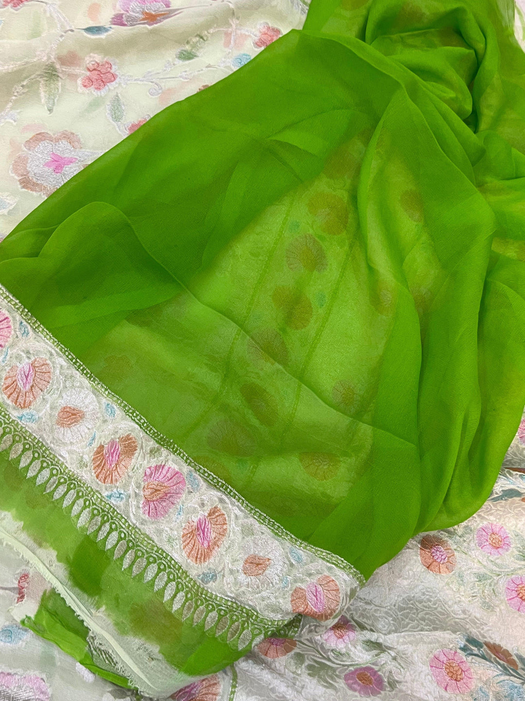 Pale Green Rangkaat Banarasi Khaddi Georgette Saree - Aura Benaras