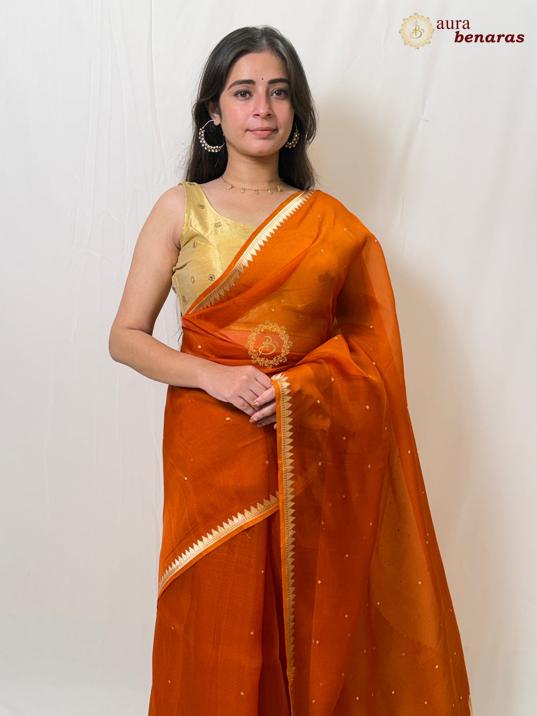 Rust Orange Kora Silk Banarasi Saree with Zari Butis & Border