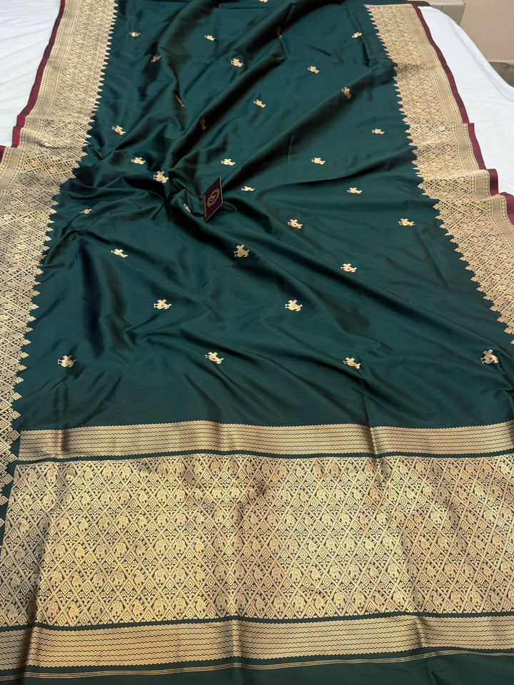 Bottle Green Pure Katan Silk Handloom Banarasi Saree