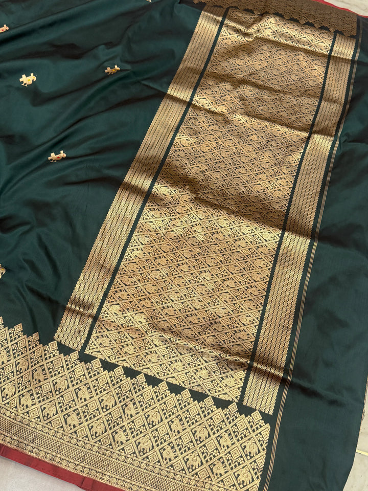 Bottle Green Pure Katan Silk Handloom Banarasi Saree