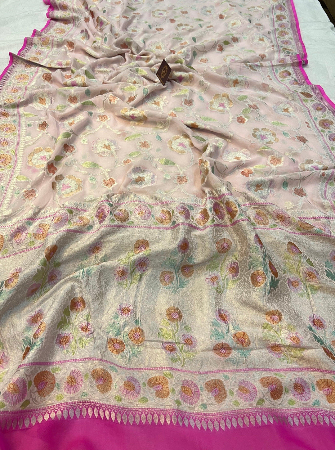 Pale Pink Rangkaat Banarasi Khaddi Georgette Saree - Aura Benaras