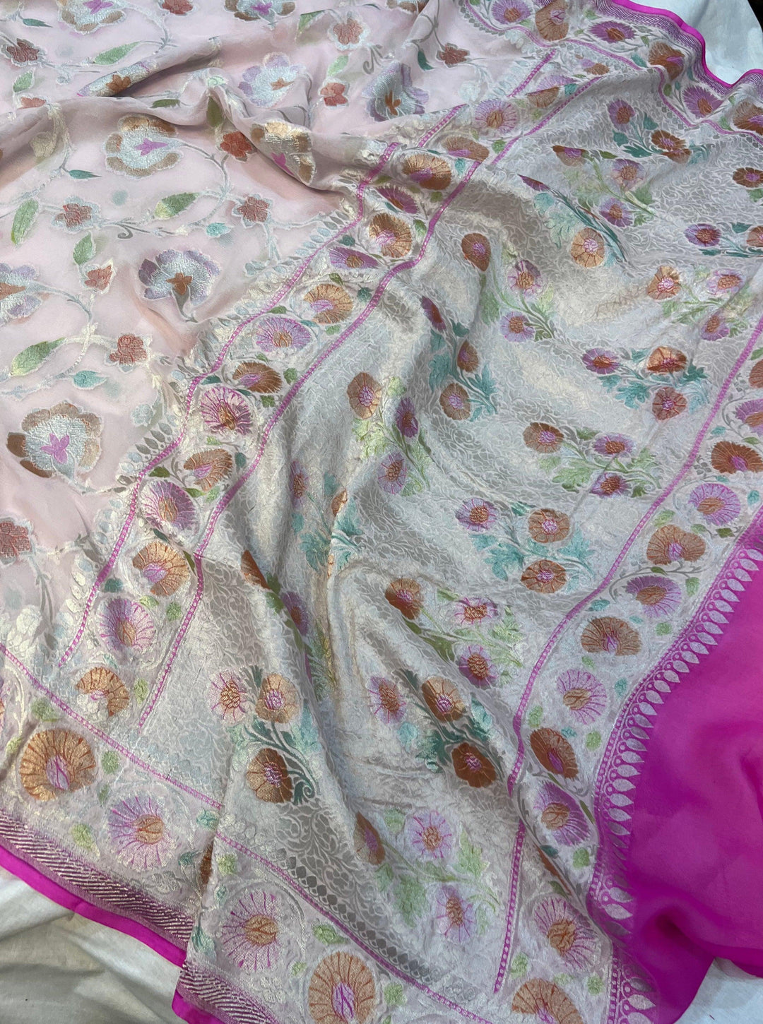 Pale Pink Rangkaat Banarasi Khaddi Georgette Saree - Aura Benaras