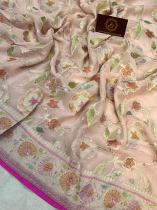 Pale Pink Rangkaat Banarasi Khaddi Georgette Saree - Aura Benaras