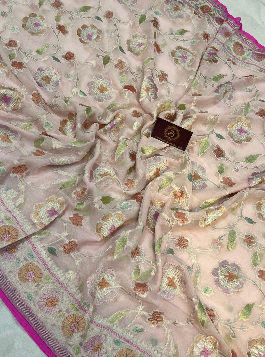 Pale Pink Rangkaat Banarasi Khaddi Georgette Saree - Aura Benaras