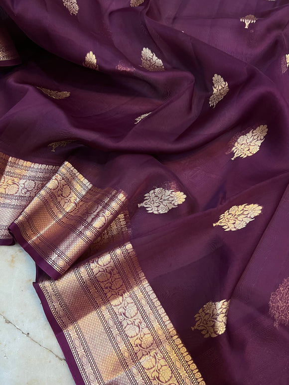 Wine Banarasi Handloom Kora Silk Saree - Aura Benaras