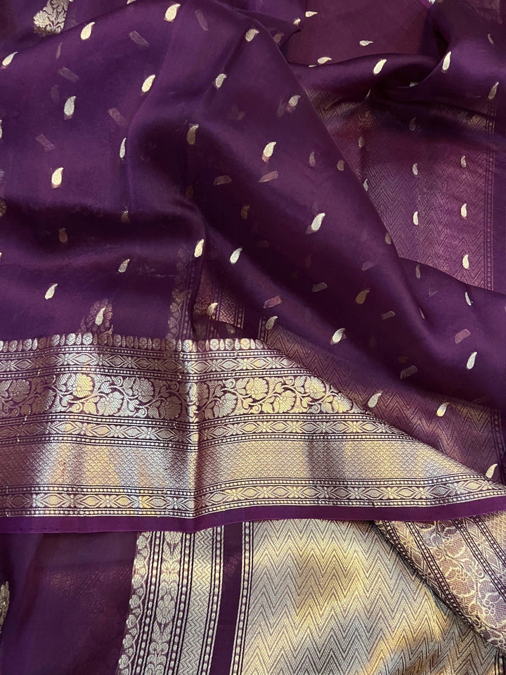 Wine Banarasi Handloom Kora Silk Saree - Aura Benaras