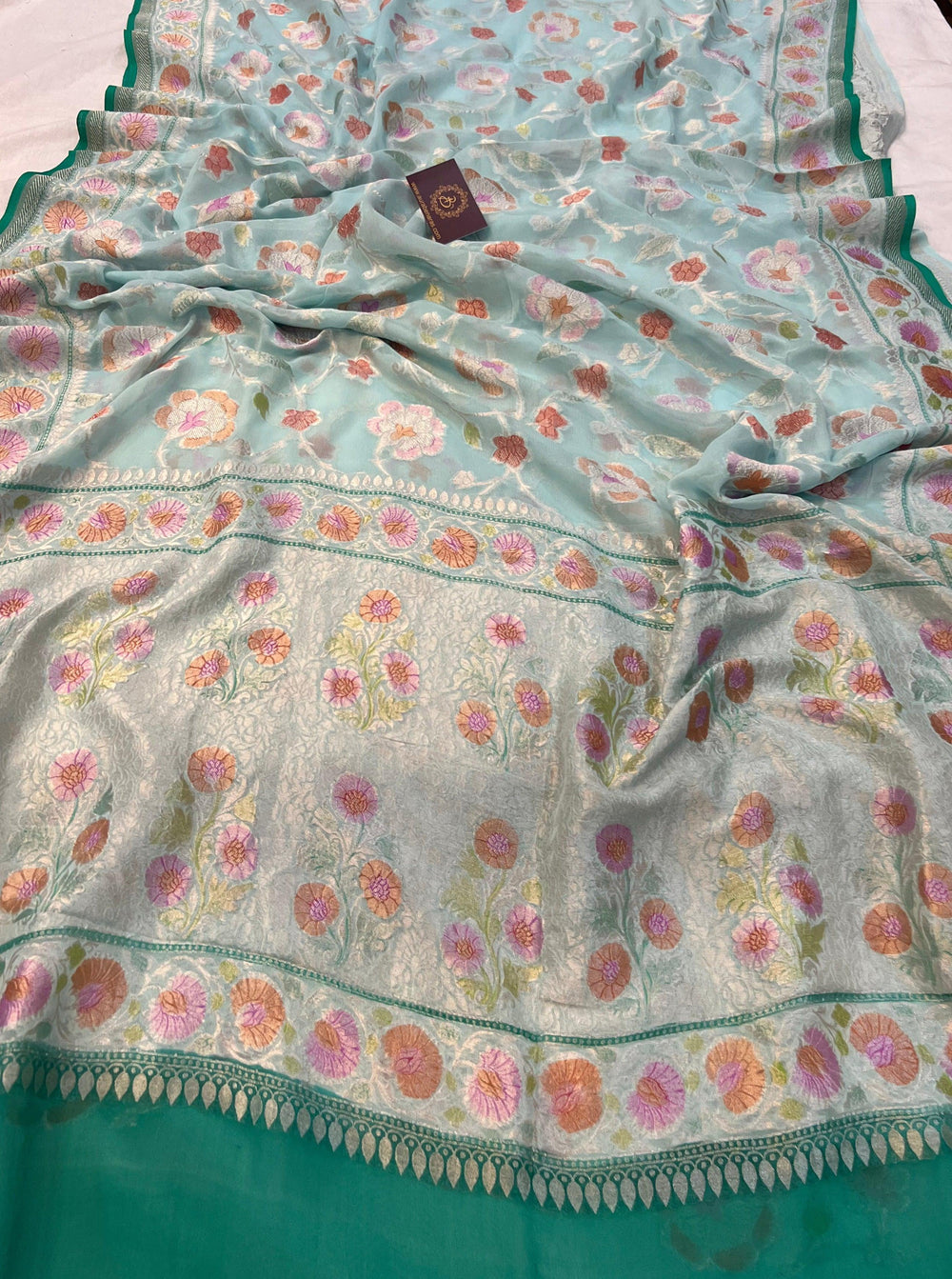 Pale Blue Rangkaat Banarasi Khaddi Georgette Saree - Aura Benaras