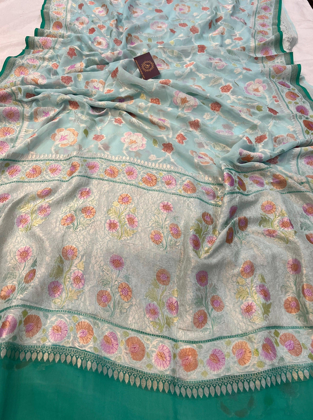 Pale Blue Rangkaat Banarasi Khaddi Georgette Saree - Aura Benaras