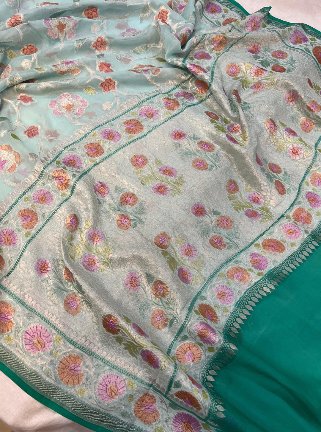 Pale Blue Rangkaat Banarasi Khaddi Georgette Saree - Aura Benaras