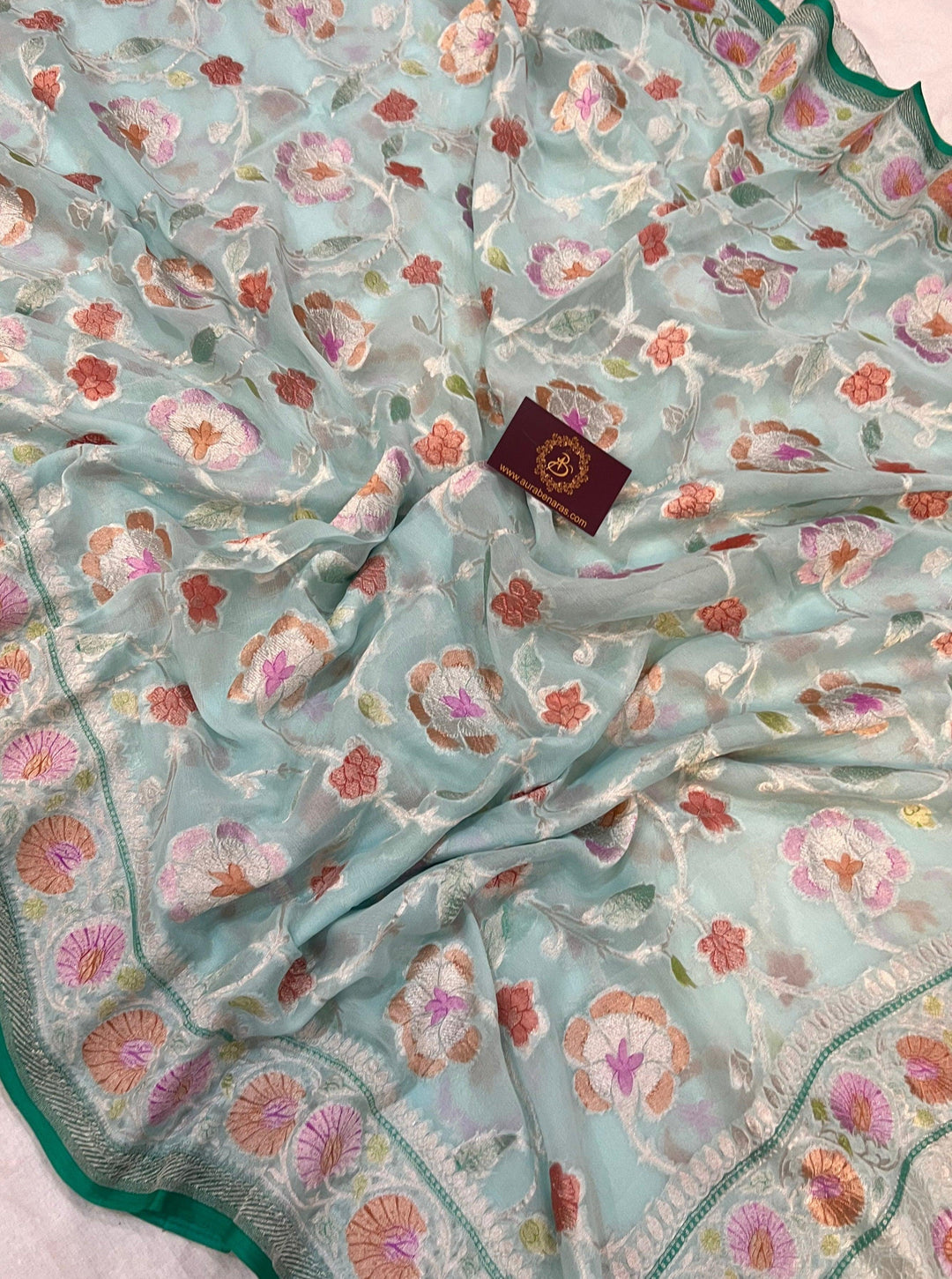 Pale Blue Rangkaat Banarasi Khaddi Georgette Saree - Aura Benaras