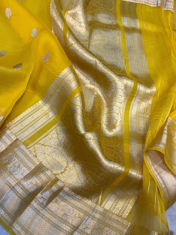Yellow Banarasi Handloom Kora Silk Saree - Aura Benaras