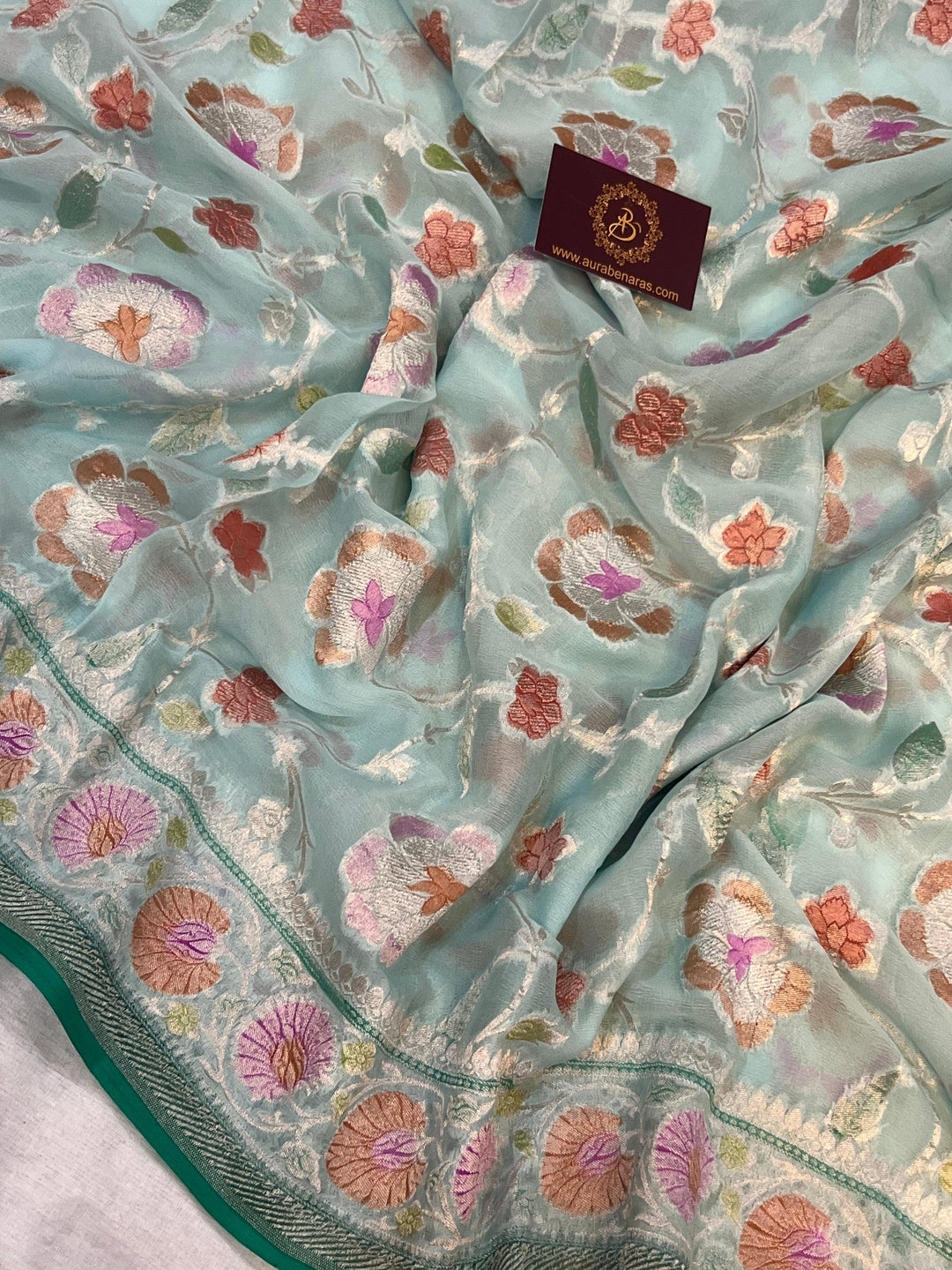 Pale Blue Rangkaat Banarasi Khaddi Georgette Saree - Aura Benaras