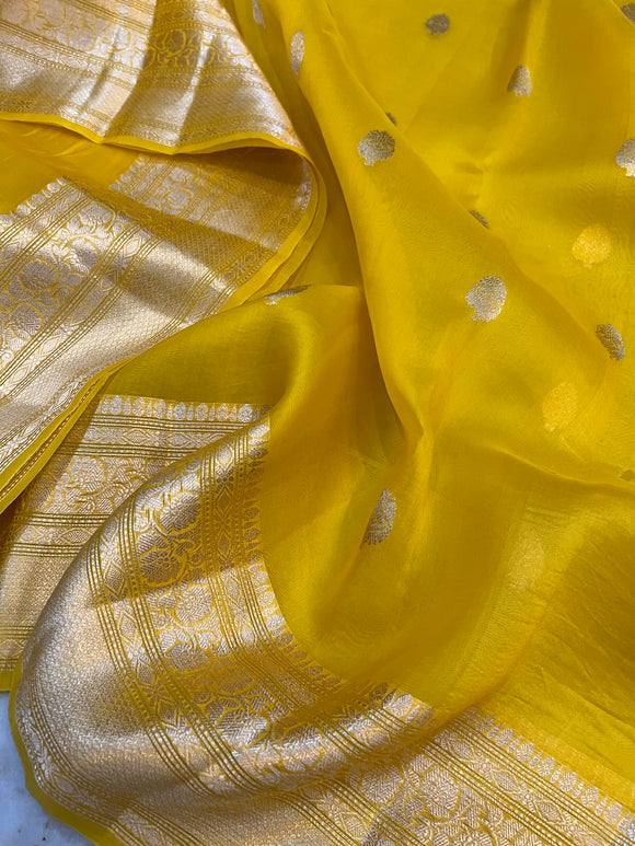 Yellow Banarasi Handloom Kora Silk Saree - Aura Benaras