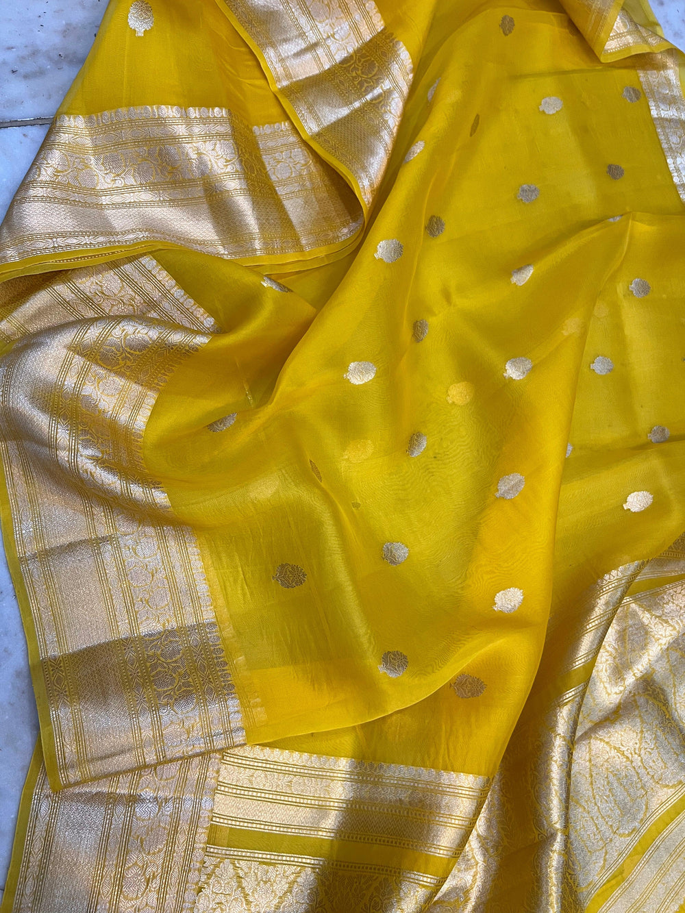 Yellow Banarasi Handloom Kora Silk Saree - Aura Benaras