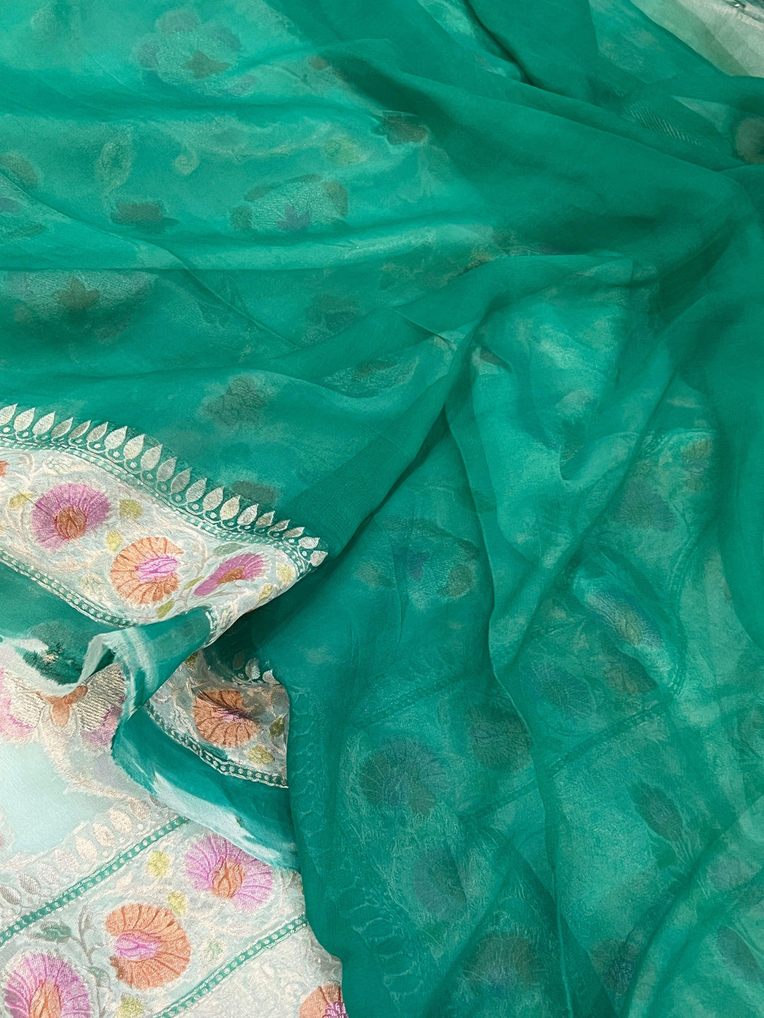 Pale Blue Rangkaat Banarasi Khaddi Georgette Saree - Aura Benaras