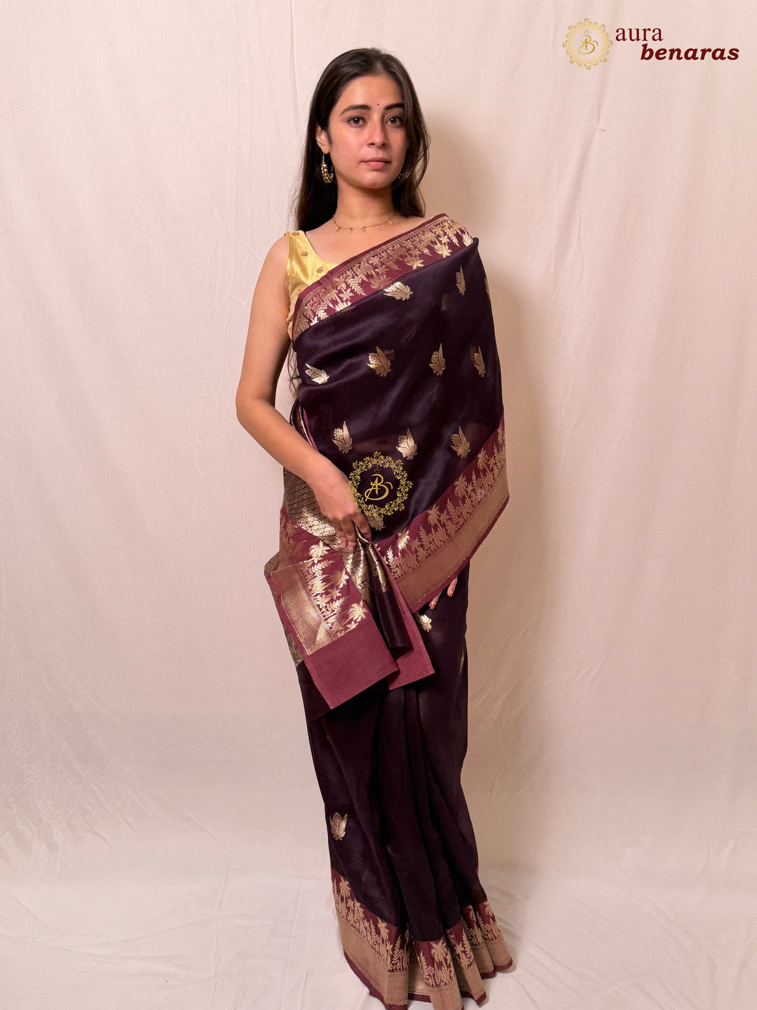 Brown Pure Kora Silk Banarasi Saree with Zari Butas & Border