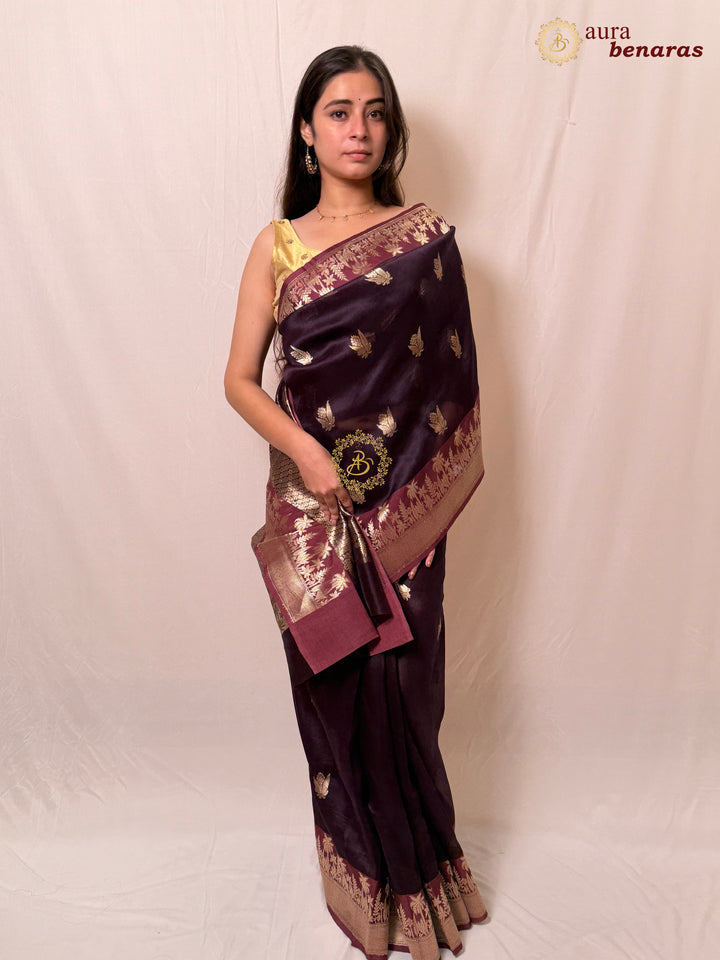 Brown Pure Kora Silk Banarasi Saree with Zari Butas & Border