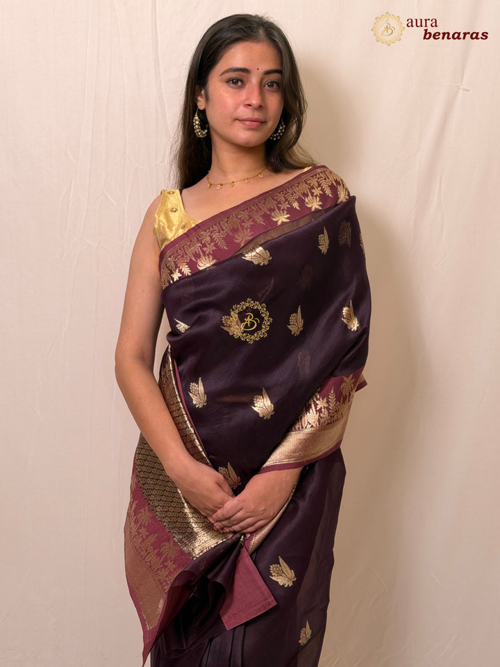 Brown Pure Kora Silk Banarasi Saree with Zari Butas & Border