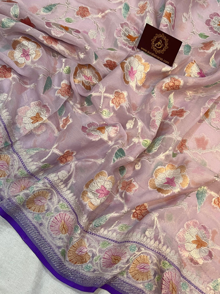 Pale Purple Rangkaat Banarasi Khaddi Georgette Saree - Aura Benaras