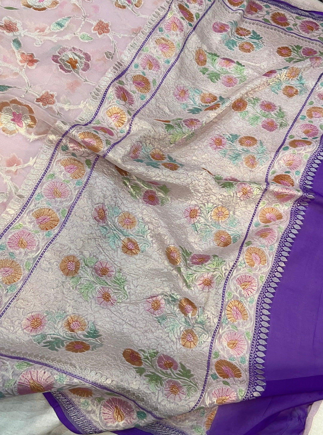 Pale Purple Rangkaat Banarasi Khaddi Georgette Saree - Aura Benaras