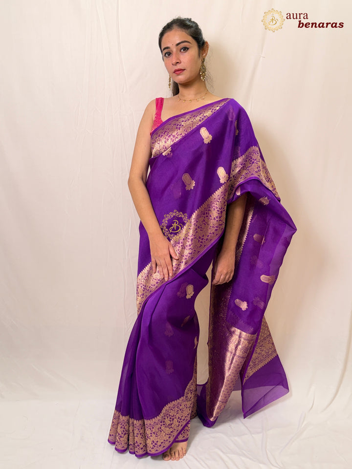 Purple Pure Kora Silk Handloom Banarasi Saree - Aura Benaras