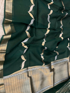 Bottle Green Banarasi Handloom Kora Silk Saree - Aura Benaras