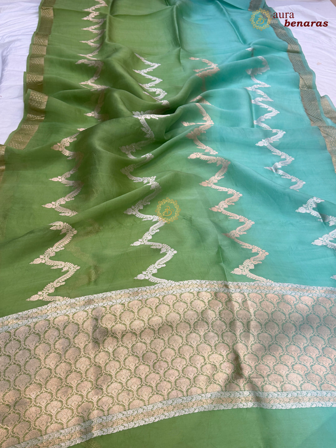 Sea Green Kora Silk Banarasi Saree Leheriya Zari Pattern