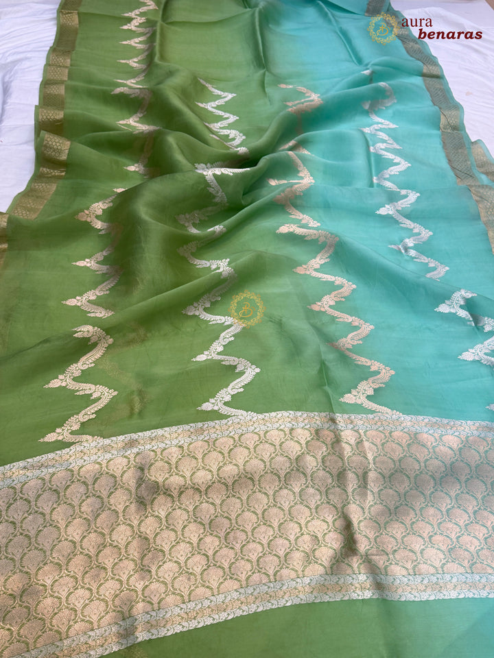 Sea Green Kora Silk Banarasi Saree Leheriya Zari Pattern