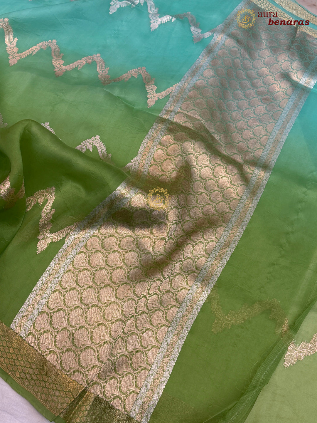 Sea Green Kora Silk Banarasi Saree Leheriya Zari Pattern