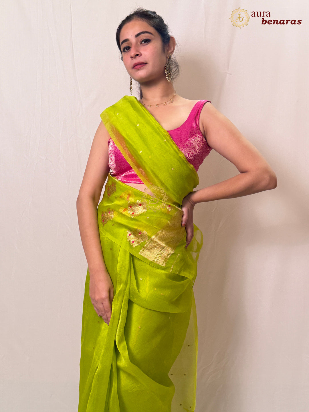 Parrot Green Pure Kora silk Handloom Banarasi Saree