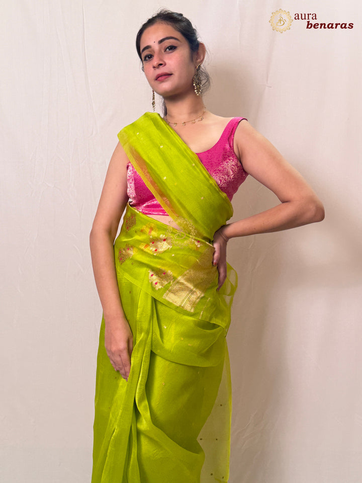 Parrot Green Pure Kora silk Handloom Banarasi Saree
