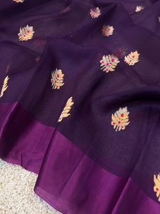 Wine Banarasi Handloom Kora Silk Saree - Aura Benaras