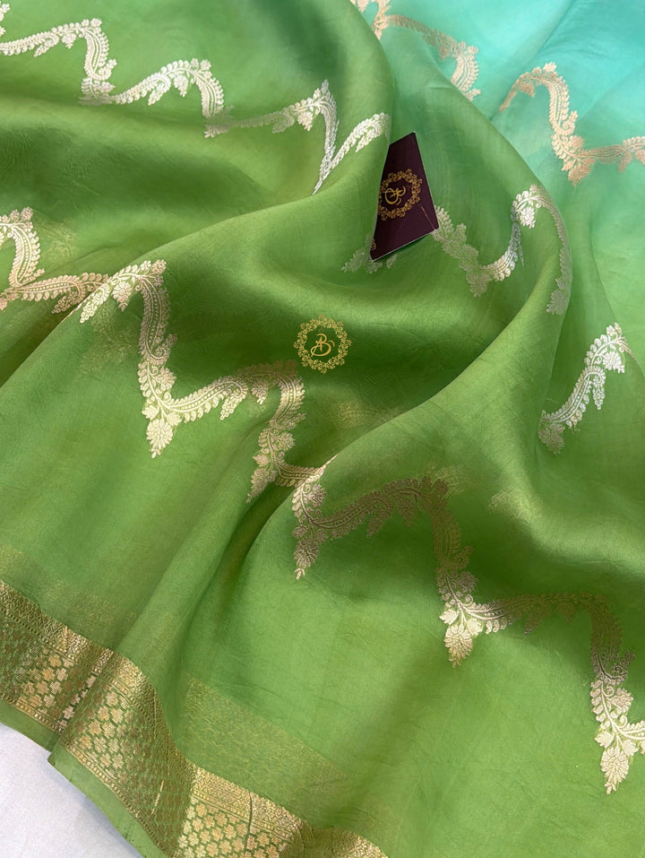 Sea Green Kora Silk Banarasi Saree Leheriya Zari Pattern