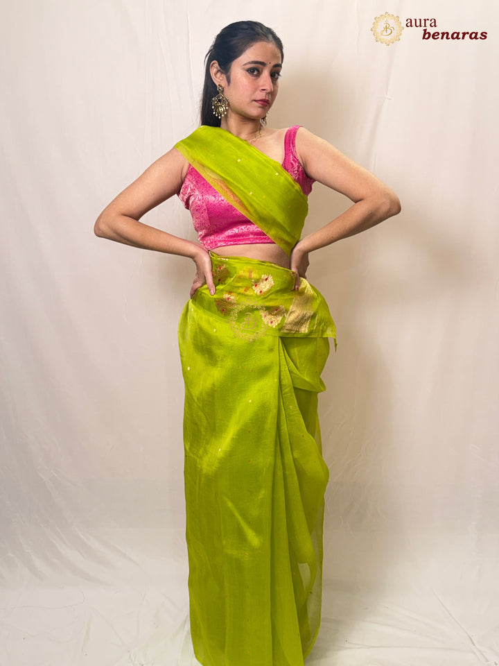 Parrot Green Pure Kora silk Handloom Banarasi Saree