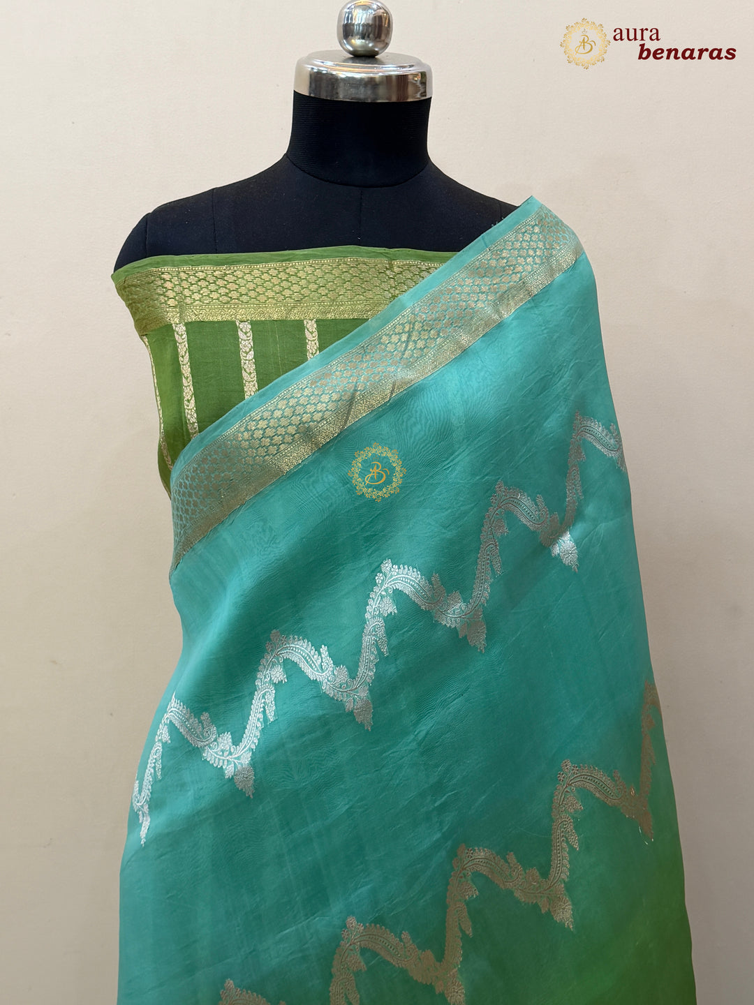 Sea Green Kora Silk Banarasi Saree Leheriya Zari Pattern