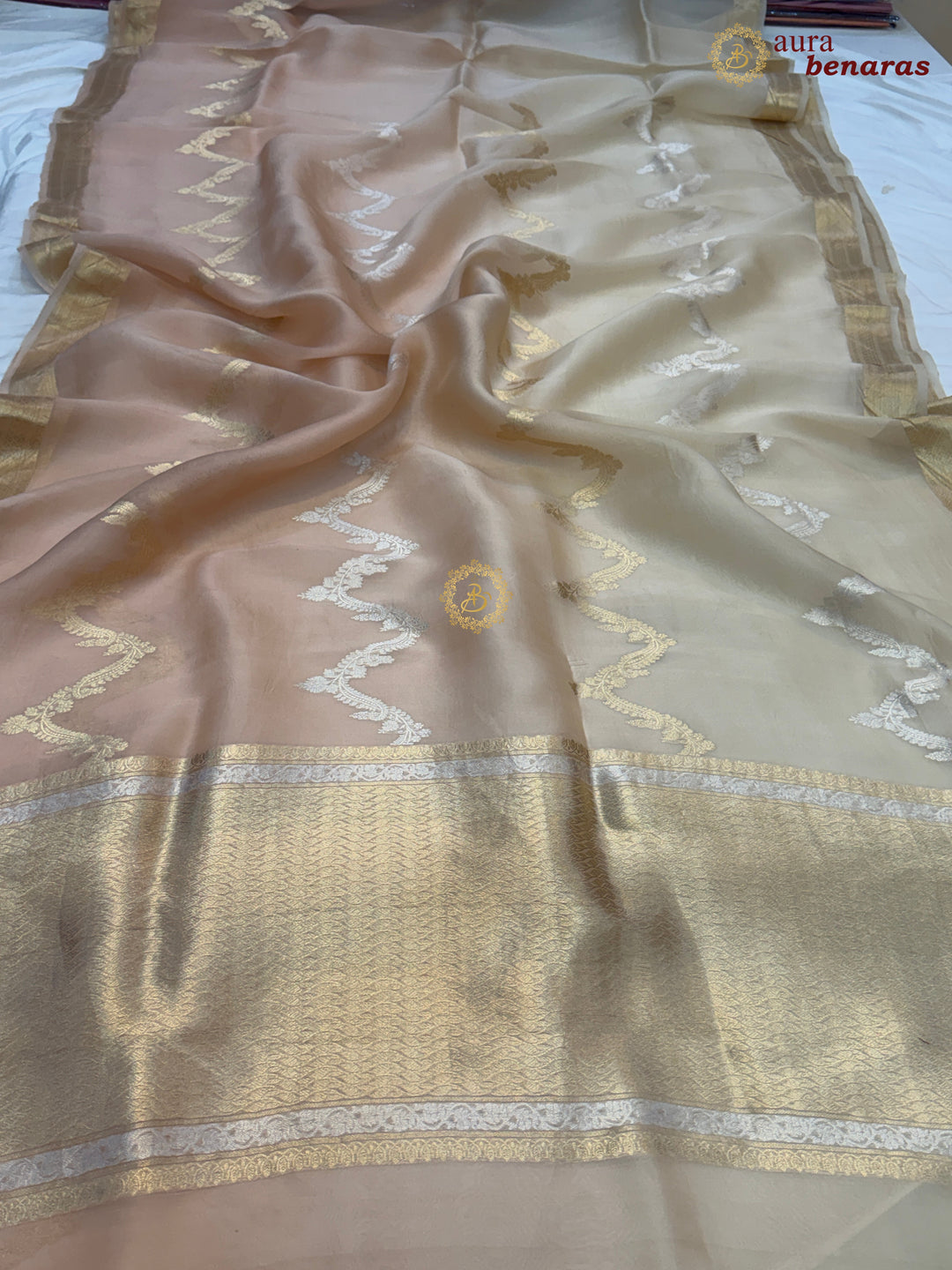 Cream Beige Shaded Kora Silk Banarasi Saree Leheriya  Zari Pattern