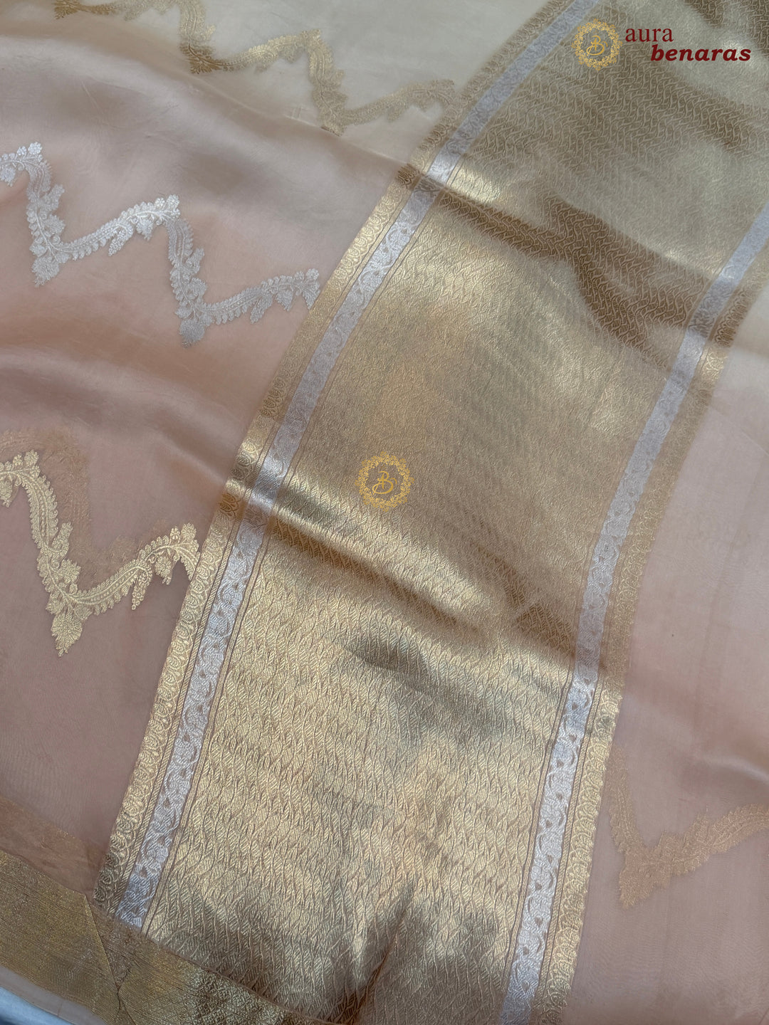 Cream Beige Shaded Kora Silk Banarasi Saree Leheriya  Zari Pattern