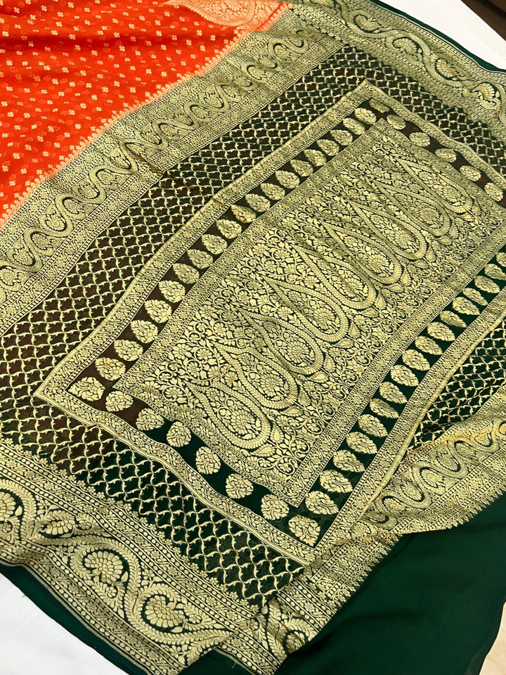 Orange Pure Banarasi Khaddi Georgette Saree - Aura Benaras