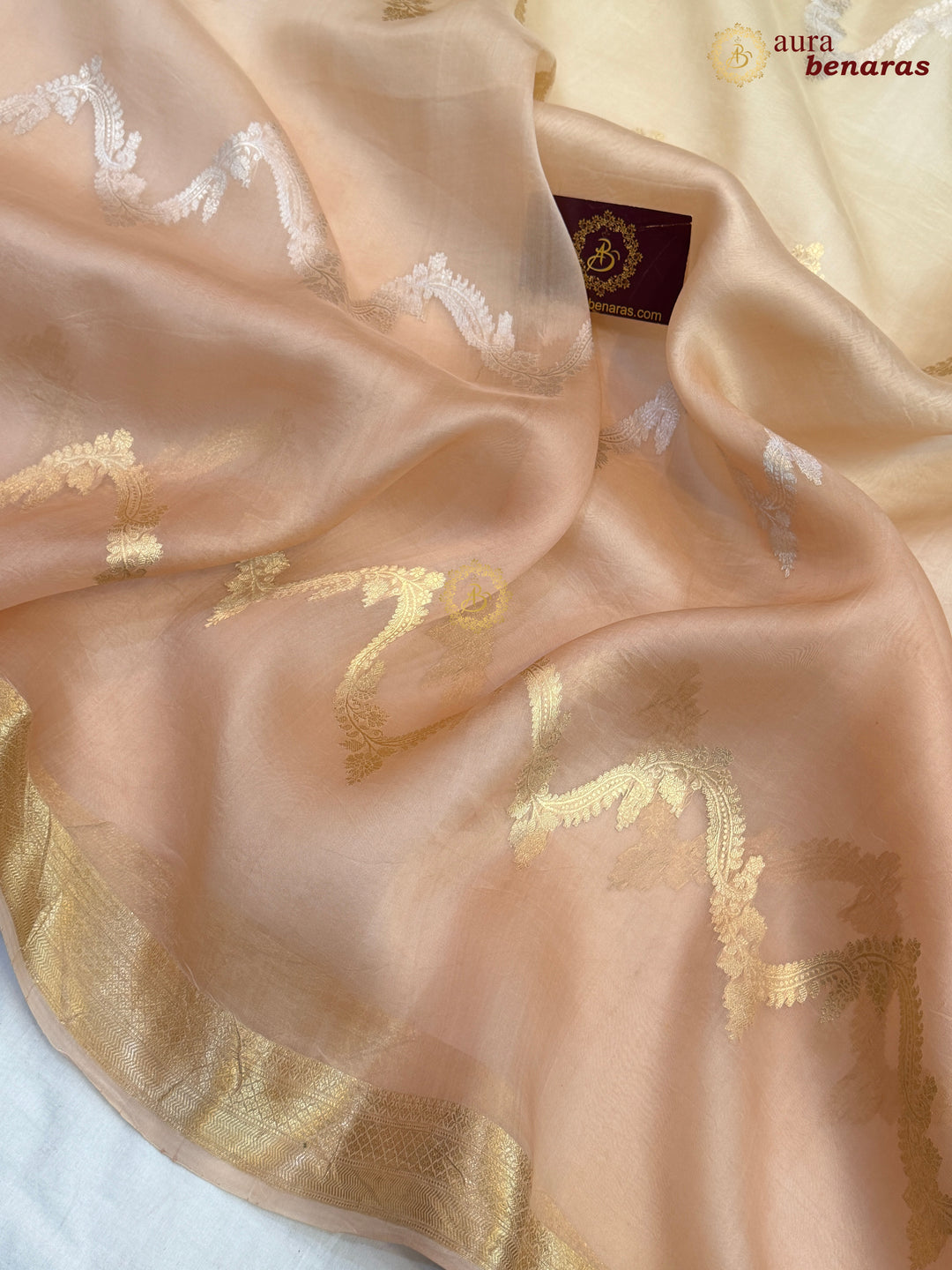 Cream Beige Shaded Kora Silk Banarasi Saree Leheriya  Zari Pattern