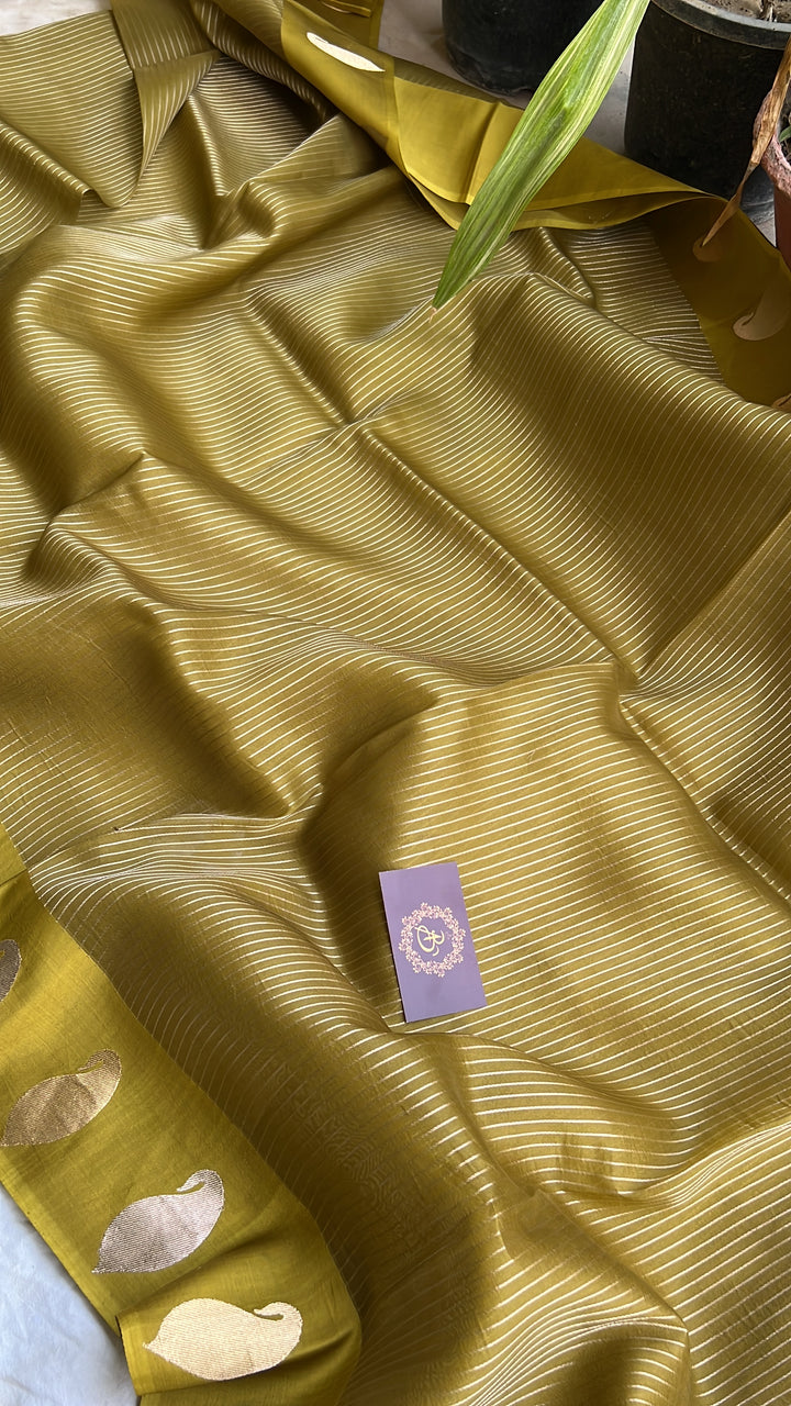 Olive Green Banarasi Handloom Kora Silk Saree
