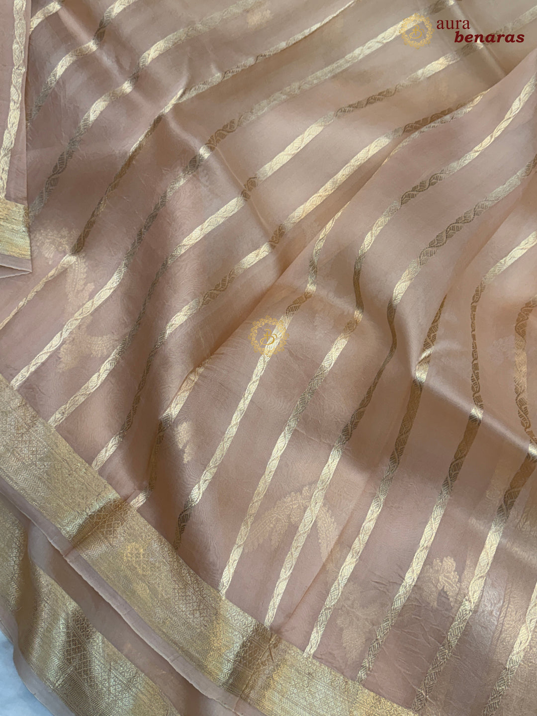 Cream Beige Shaded Kora Silk Banarasi Saree Leheriya  Zari Pattern