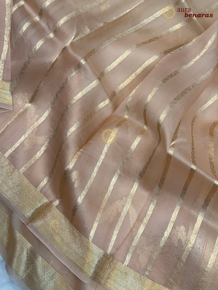 Cream Beige Shaded Kora Silk Banarasi Saree Leheriya  Zari Pattern