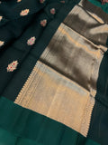 Bottle Green Banarasi Handloom Kora Silk Saree - Aura Benaras