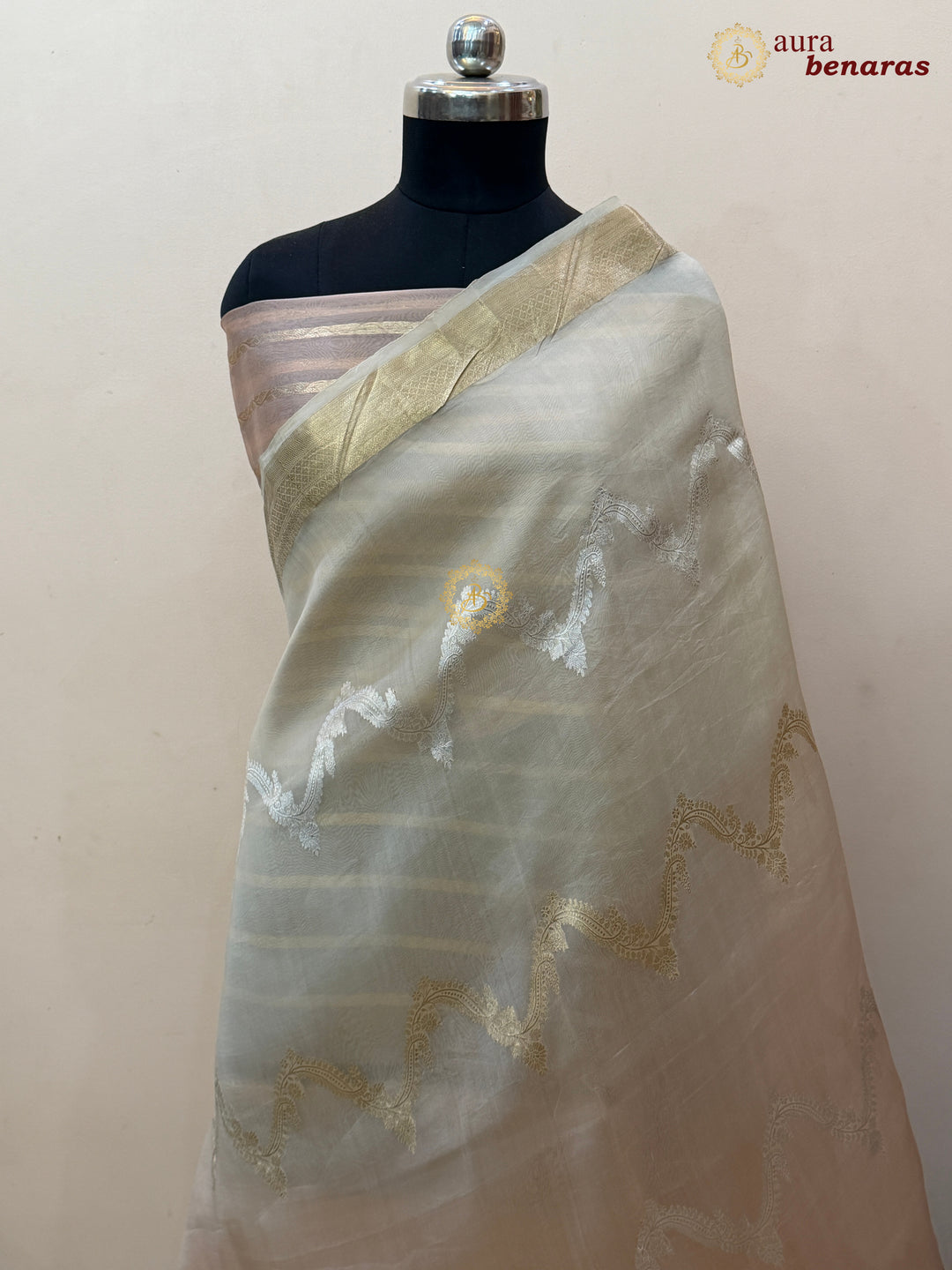Cream Beige Shaded Kora Silk Banarasi Saree Leheriya  Zari Pattern